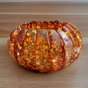 Vintage & Elegant Half Moon Honey,Golden Stretchable Pressed Amber Bracelet 111g